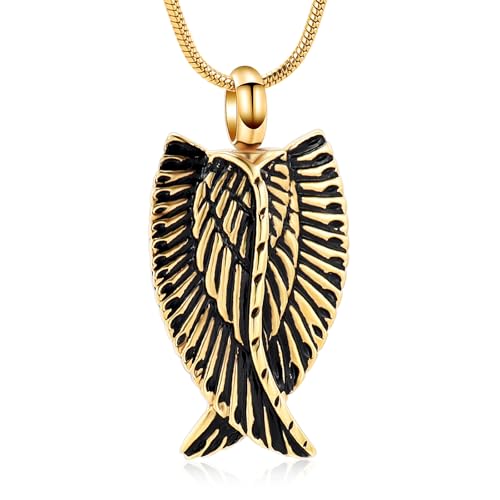 Angel Wings Cremation Jewelry Necklaces Stainless Steel Urn Necklaces for Ashes Memorial Keepsake Pendant for Women Men Gifts With Funnel Kit & Bag - color: Gold+Black
