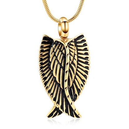 Angel Wings Cremation Jewelry Necklaces Stainless Steel Urn Necklaces for Ashes Memorial Keepsake Pendant for Women Men Gifts With Funnel Kit & Bag - color: Gold+Black