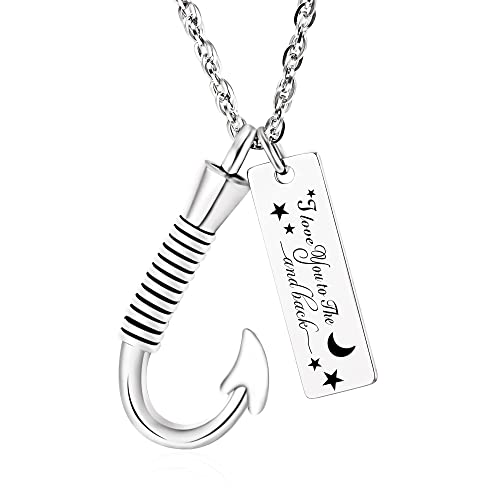Gredstar Fish Hook Urn Necklace for Ashes, Fishing Memorial Keepsake | Fish Hook Design, Stainless Steel, Secure Screw Closure, Ash Holder, Fishing Theme, Funnel & Gift Box Included - color: Silver-Love you to the moon & back