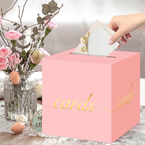 Pink Card Box Gold Foil Wedding Favors Gift Card Boxes Post Box Receiving Money Box Holder for Wedding Reception, Baby Showers, Anniversary, Birthday Party, Retirement, Graduation Envelope Holder - color: Pink and Gold