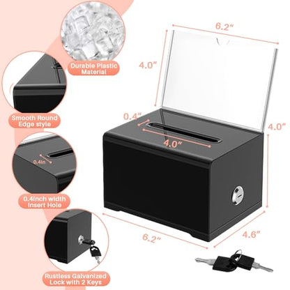 Clear Donation Box with Lock & Sign Holder, Versatile for Fundraising, Ballot Voting, Suggestions, and Tips Jar, Secure Storage Design, Size 6.2x4.6x4.0 Inch, Clear 2 Pack - size: Black 2p