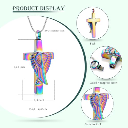 Cross Cremation Jewelry Urn Necklaces Cross Angel Wings Urn Necklaces for Ashes Memorial Keepsake Pendant for Women Men Gifts With Funnel Kit & Bag - color: Rainbow
