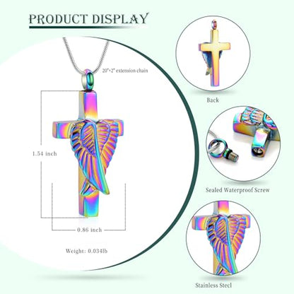 Cross Cremation Jewelry Urn Necklaces Cross Angel Wings Urn Necklaces for Ashes Memorial Keepsake Pendant for Women Men Gifts With Funnel Kit & Bag - color: Rainbow