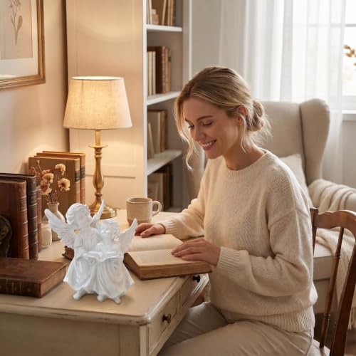 Pair of Angel Cherubs Reading Book, Resin Home Garden Decor - color: Angels