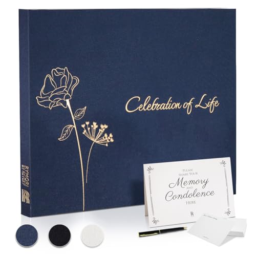 Funeral Guest Book for Memorial Service - with Pen, Cards, Table Sign & Back Pocket, Guests Sign in Book Celebration of Life | in Loving Memory Memorial Service Guest Book, Navy Blue Linen Cover - color: Navy Blue Linen, style: Celebration of Life