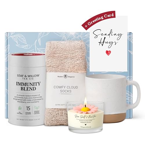 Modern Elegance Tea Gift Set for Women – Recovery & Self-Care Care Package with Caffeine-Free Herbal Tea, Ceramic Mug, Cozy Cloud Socks & Sending Hugs Card (Immunity Blend)