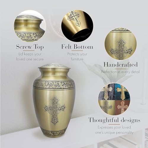Gold Cross Cremation Urns for Human Ashes Adult Female & Male Urns - color: Gold - Engraved Ribbon, size: Large