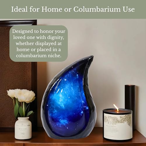 NORSE'S TRADECRAFT Teardrop Metal Urn for Ashes Adult Male & Female | Galaxy Design, Memorial Gifts with Velvet Bag, Large Cremation Urns, Handcrafted Memorial Box for Funeral, 200 cu in