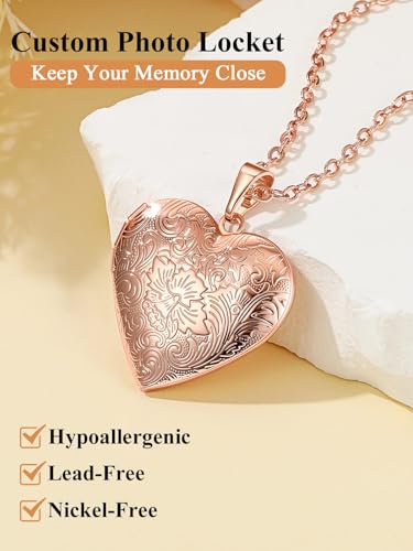 Custom4U Personalized Heart Locket Necklace with Pictures,Sunflower/Angel Wings/Heart Shaped Lockets Custom Photo,Gold/Rose Gold/White Lockets That Holds Picture,Customized Memorial Jewelry for Women - color: A-Heart-Rose Gold(Locket + Photo)