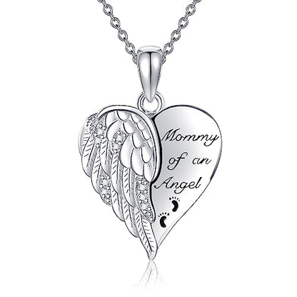 YFN Guardian Angel Wings Heart Necklace Sterling Silver Angel Wings Memorial Sympathy Jewelry for Women Girls Gifts - style: Mommy of an Angel