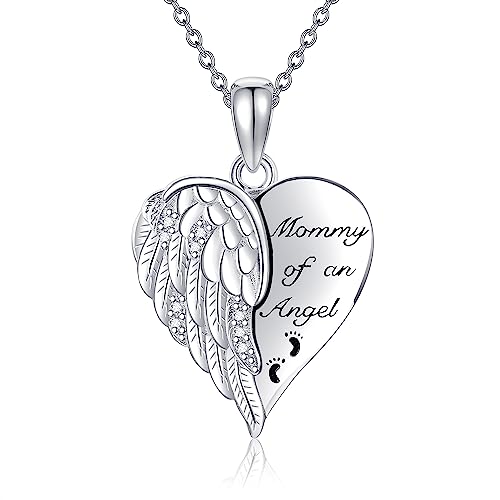 YFN Guardian Angel Wings Heart Necklace Sterling Silver Angel Wings Memorial Sympathy Jewelry for Women Girls Gifts - style: Mommy of an Angel