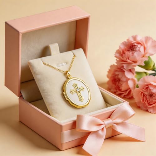 18K Gold Cross Locket Necklace for Women Holds Photo Necklace with Personalized Picture Necklaces Pendant 18 Inch Birthday Mother's Day for Women - color: Gold Cross