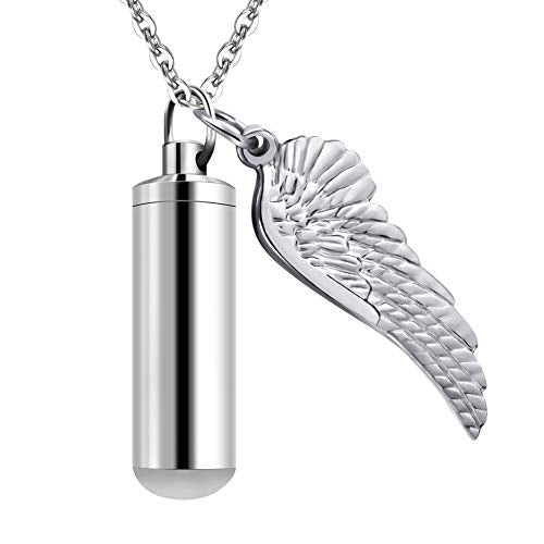 Dletay Cylinder Cremation Urn Necklace for Ashes Memorial Keepsake Pendant with Angel Wing Stainless Steel Remembrance Jewelry - color: Silver-M, style: non-engraving