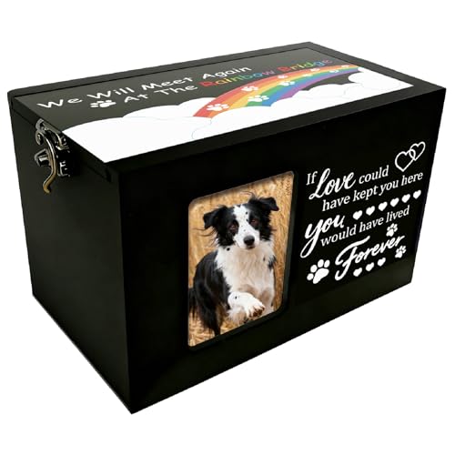 Rainbow Pet Urn Pet Memorial Box for Ashes Rainbow Bridge Wood Rectangle Storage Containers Cremation Urns with Photo Frame for Animal Dog Cat Memorial Remembrance Gift 6.3 x 4.3 x 4.3 Inch - color: Rainbow