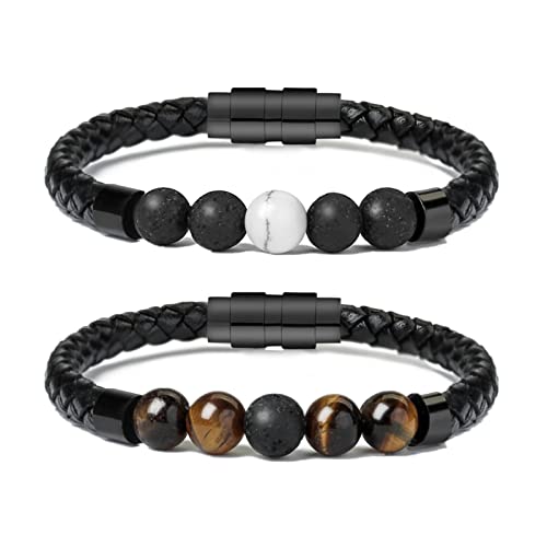shajwo Cremation Jewelry Lava Stone Urn Bracelet for Ashes for Women Men Chakra Healing Balancing Genuine Leather Memorial Bracelets - color: 2PCS-Black