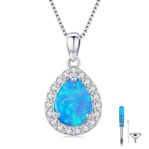 Urn necklace for Ashes 925 Sterling Silver Opal/Turquoise/Moonstone/Moss agate Pendant Cremation Memory Jewelry Keepsake Gifts for Women - style: Blue Opal