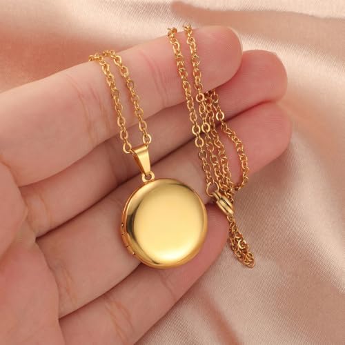 PHOCKSIN Personalized Locket Necklace for Women Photo Necklace with Customized Picture Birth Flower Birthstone Customizable Birthday Gifts - color: #07 Round Gold