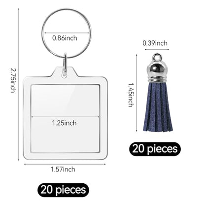 20 Set Acrylic Photo Keychain-Clear Picture Frame Keychain with Tassels - style: Square