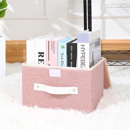 ANMINY Fabric Storage Box Bins with Lids, Rose Print, Pink, Medium | Keepsake Memory Storage, Nonwoven Fabric, PP Board Frame, Washable, PU Handles, Foldable Stackable, Decorative, 13"x9"x7.9" - size: Medium (Pack of 1)