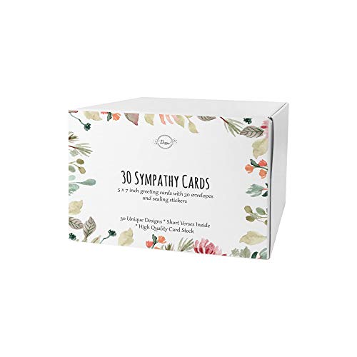 Dessie 30 Unique Sympathy Cards With Greetings Inside. 30 Different, Large Greeting Cards With Envelopes and Matching Sealing Stickers. Includes Sturdy Storage Box.