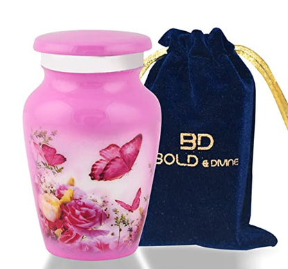 BOLD & DIVINE Beautiful Pink Butterfly Small Keepsake Urns for Human and Pet Ashes | with Velvet Bag & Funnel - 1 Quantity - color: Pink, size: Small (Single)