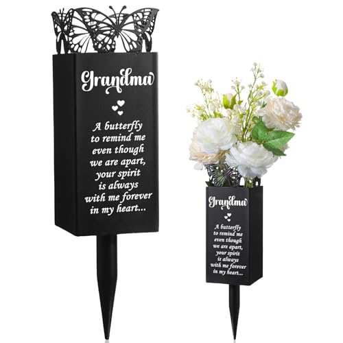 Geosar Cemetery Vase for Grave Metal Butterfly Flower Holder Spike, Grandma | Grave Marker Floral Cemetery, Grave Flower Holder for Mom Grandma, Lawn Yard Outdoor Funeral Cemetery Decoration - style: Grandma