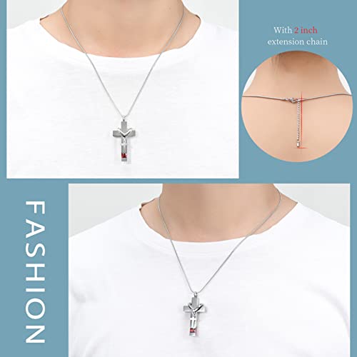 Forever in My Heart Birthstone Personalized Double Cross Urn Pendant Cremation Jewelry for Ashes Cross Ashes Keepsake - color: Silver-Red