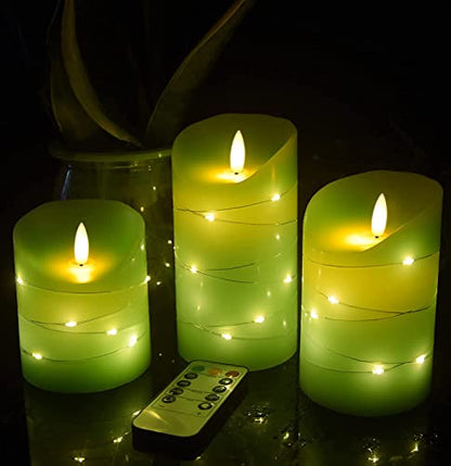 DANIP Green LED flameless Candle with Embedded Star String, 3-Piece Set of LED Candles, with 11 Button Remote Control, 24-Hour Timer Function, Dancing Flames, Real Wax, Battery Powered. (Green) - color: Grass greenN#1*3