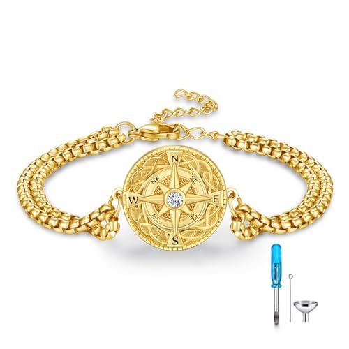 TUGHRA Ashes Bracelet for Women Urn Bracelet for Ashes 925 Sterling Silver Cremation Jewelry Memorial Gifts Keepsake Bracelet - style: Ashes Bracelet-coin-compass-gold