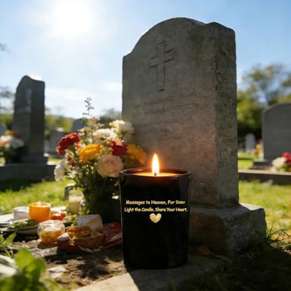 Memorial Candle for Sister in Heaven, Black Glass Candle Holder with Gold Heart, Sympathy Bereavement Gift, Happy Birthday to My Angel in Heaven