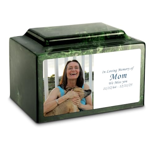 GetUrns – Legacy Cultured Marble Urn by Mackenzie, Adult Size Cremation Urns, Custom UV Printed Burial Urn for Ashes, 210 Cubic Inch Cemetery Urns for Ashes, Photo, Verde - color: Verde