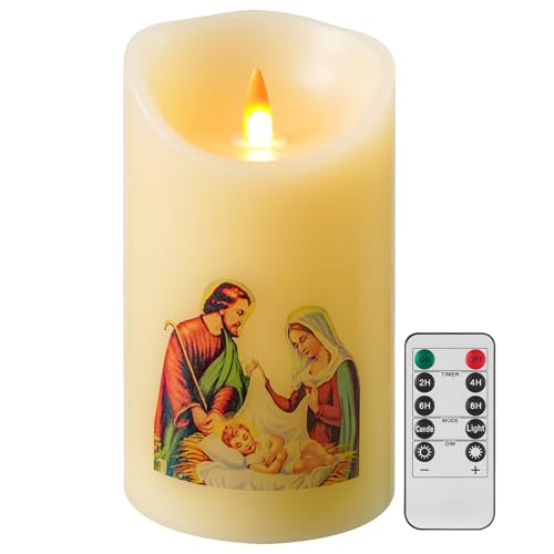 QQFCTOO LED Prayer Flameless Candle with Remote Timer, Battery Powered Candle, Religious Candle, Real Wax, for Home Altar, Church, Devotional ，6" x 3.2"(Holy Family Statue) - style: Holy Family Statue