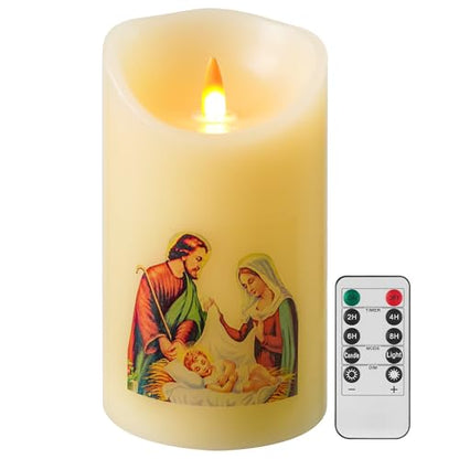 QQFCTOO LED Prayer Flameless Candle with Remote Timer, Battery Powered Candle, Religious Candle, Real Wax, for Home Altar, Church, Devotional ，6" x 3.2"(Holy Family Statue) - style: Holy Family Statue