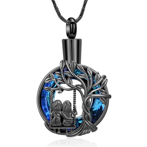 Yinplsmemory Cremation Jewelry Tree of Life Urn Necklace for Women Ashes Keepsake Jewelry for Sister for Ashes - color: Black-blue