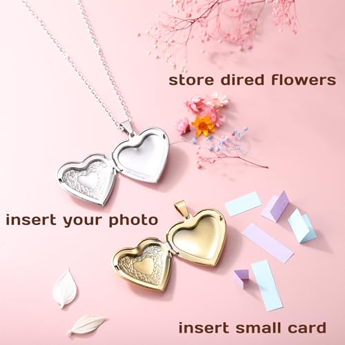 Personalized Heart Locket Necklace for Women with Picture Custom Inside Engraved Text Silver/Gold/Rose Gold Photo Locket Stainless Steel Memorial Gifts for Mom Daughter Grandmother - color: A4: Gold Flower Pattern (Non-custom)