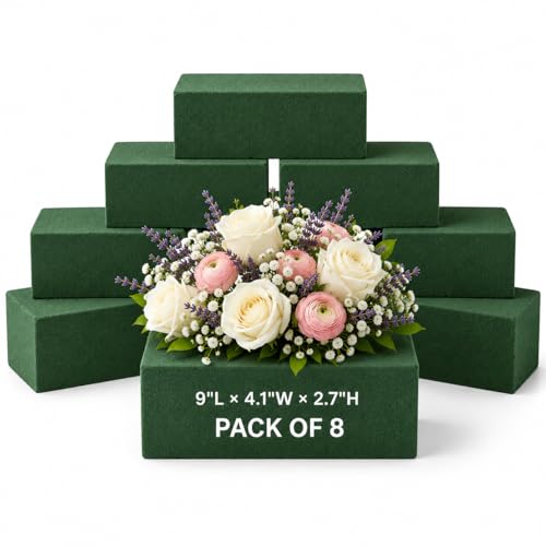FLORABELS 8 PCS Wet Floral Foam Blocks for Fresh Flowers, Each (9"L x 4.1"W x 2.7"H) Green Foam for Flower Arrangements, Florist Bricks for Weddings, Birthday Gifts, Crafts and Garden Decorations | Water Absorbent - size: Large Pack of 8