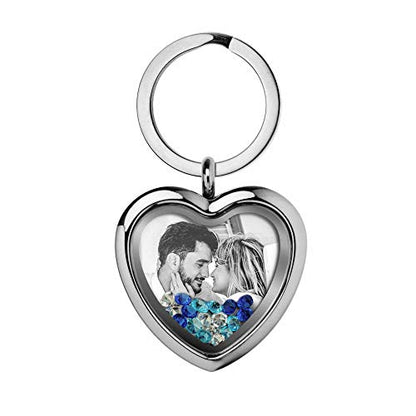 Custom Photo Text Engraved Heart Floating Living Locket Crystal Pendant Keychain - color: Blue - 1 Photo Engraving