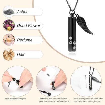 Cylinder Cremation Jewelry Urn Necklace Pet Ashes Pet Paw Memorial Ashes Necklace with Angel Wing for Dog/Cat Keepsake Jewelry for Men Women - color: Black（Large）