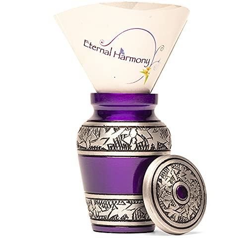 Eternal Harmony Small Keepsake Urn, Male & Female Small Cremation Urn for Human Ashes with Elegant Finishes, Secure Seal & Velvet Bag, Mini Urn for Men & Women Ashes Up to 3 Cubic Inches (Purple) - color: Purple
