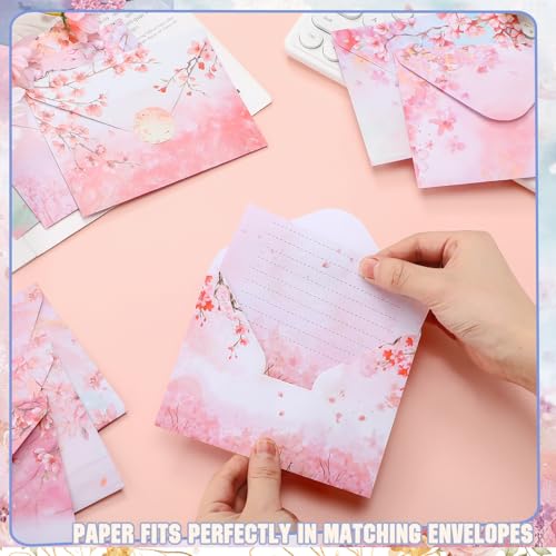TaoBary 160 Pcs Cherry Blossom Stationery Paper and Envelopes Set | 5.5 x 8.25'' Letter Writing Kit, 50 Double Sided Stationery Writing Papers 50 Matching Envelopes 60 Round Dot Sticker - size: 5.5 x 8.25 Inch, style: Cherry Blossom