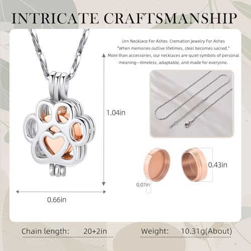 Paw Print Urn Necklace for Pet Ashes Stainless Steel Memorial Locket Cremation Jewelry Dog/Cat Keepsake Pendant with Mini Case Sympathy Gift for Pet Lovers Women Men - color: Silver-Rose Gold-Always In My Heart