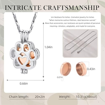 Paw Print Urn Necklace for Pet Ashes Stainless Steel Memorial Locket Cremation Jewelry Dog/Cat Keepsake Pendant with Mini Case Sympathy Gift for Pet Lovers Women Men - color: Silver-Rose Gold-Always In My Heart
