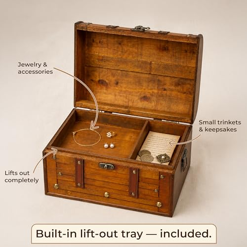 Antique Wooden Treasure Chest with Tray, Large Keepsake Box, 13x9.5x7.5 in - size: Large