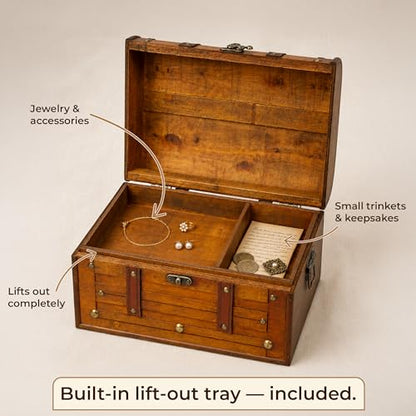Antique Wooden Treasure Chest with Tray, Large Keepsake Box, 13x9.5x7.5 in - size: Large