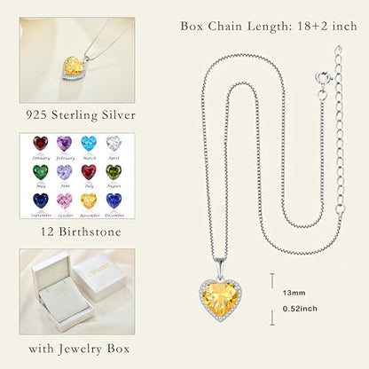 925 Sterling Silver Halo Heart Necklace for Women | Lwsary Love Heart Necklace, Heart Cut Birthstone Jewelry for Her - color: Yellow