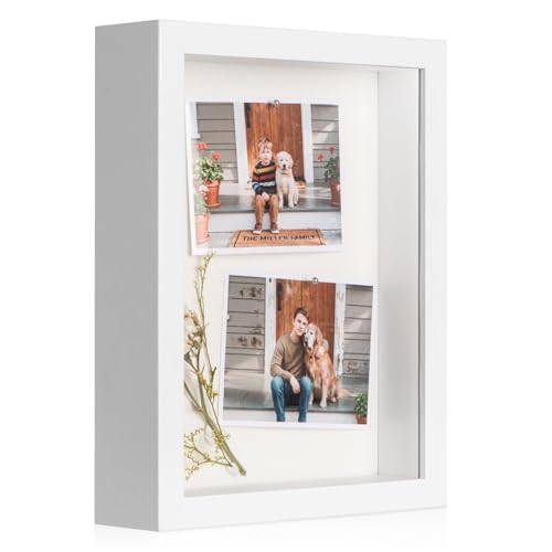 6x8 Small Shadow Box Frame with Ultra-Clear Glass & Soft Linen Back | With Push Pins and Stand, Deep 1.2" White Shadow Box Display Case – Display on Tabletop or Wall for Photo, Flower, Keepsakes - color: White+high Definition Panel + Shatter-proof Packagi