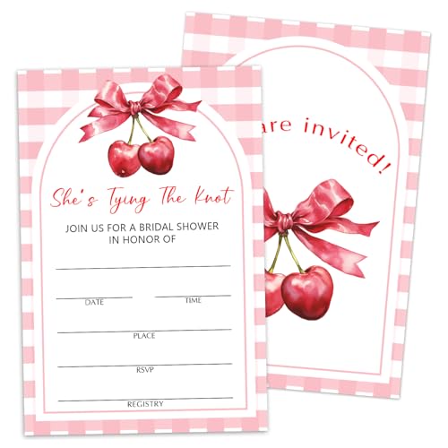 She's Tying The Knot Bridal Shower Invitations Cards, Set of 25 Cherry Bow Fill in Style Invites Cards with Envelopes, Wedding New Couples Engagement Bachelorette Party Supplies-T01 - color: Cherry Bow