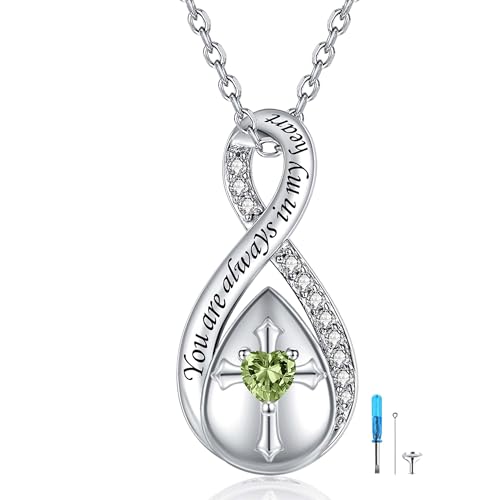 ZOEXUE Infinity Cross Cremation Jewelry - S925 Sterling Silver Cross Urn Necklace for Women - Birthstone Cross with Heart CZ Ashes Keepsake Pendant Memorial Urn Jewelry Gift for A Loss Loved Ones - color: peridot