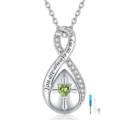 ZOEXUE Infinity Cross Cremation Jewelry - S925 Sterling Silver Cross Urn Necklace for Women - Birthstone Cross with Heart CZ Ashes Keepsake Pendant Memorial Urn Jewelry Gift for A Loss Loved Ones - color: peridot