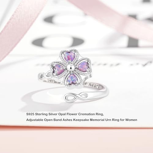 ZOEXUE Four Leaf Clover Cremation Urn Ring for Women, 925 Sterling Silver Adjustable Open Memorial Keepsake Ring with Opal Stones, Holds Ashes Bereavement Sympathy Gift - color: purple